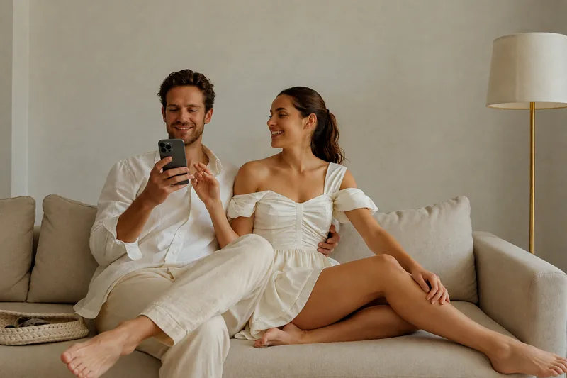 A newly married couple sitting together on a sofa at home, looking through the photographs their guests shared