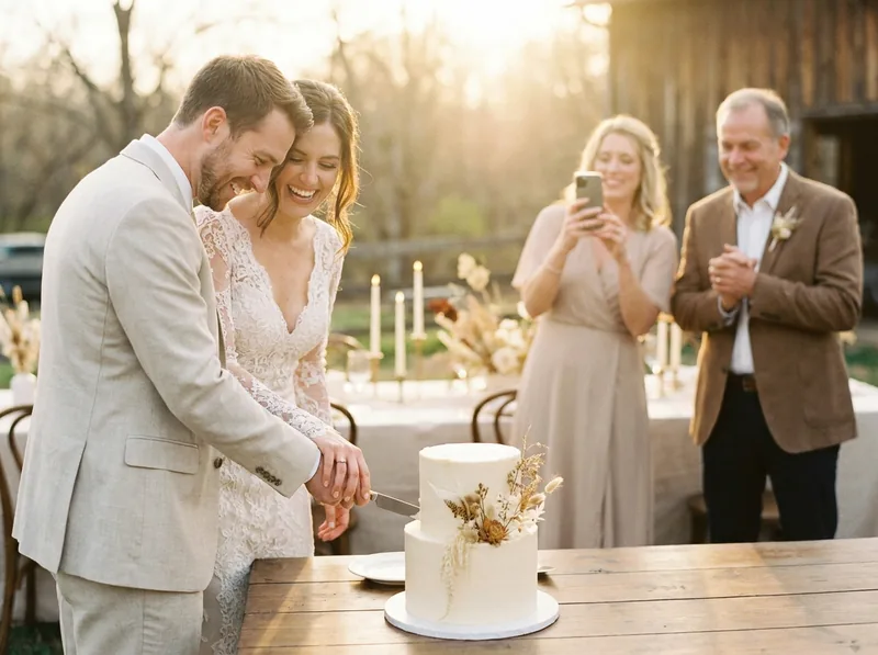Guests photographing the bride and groom cutting their wedding cake at golden hour